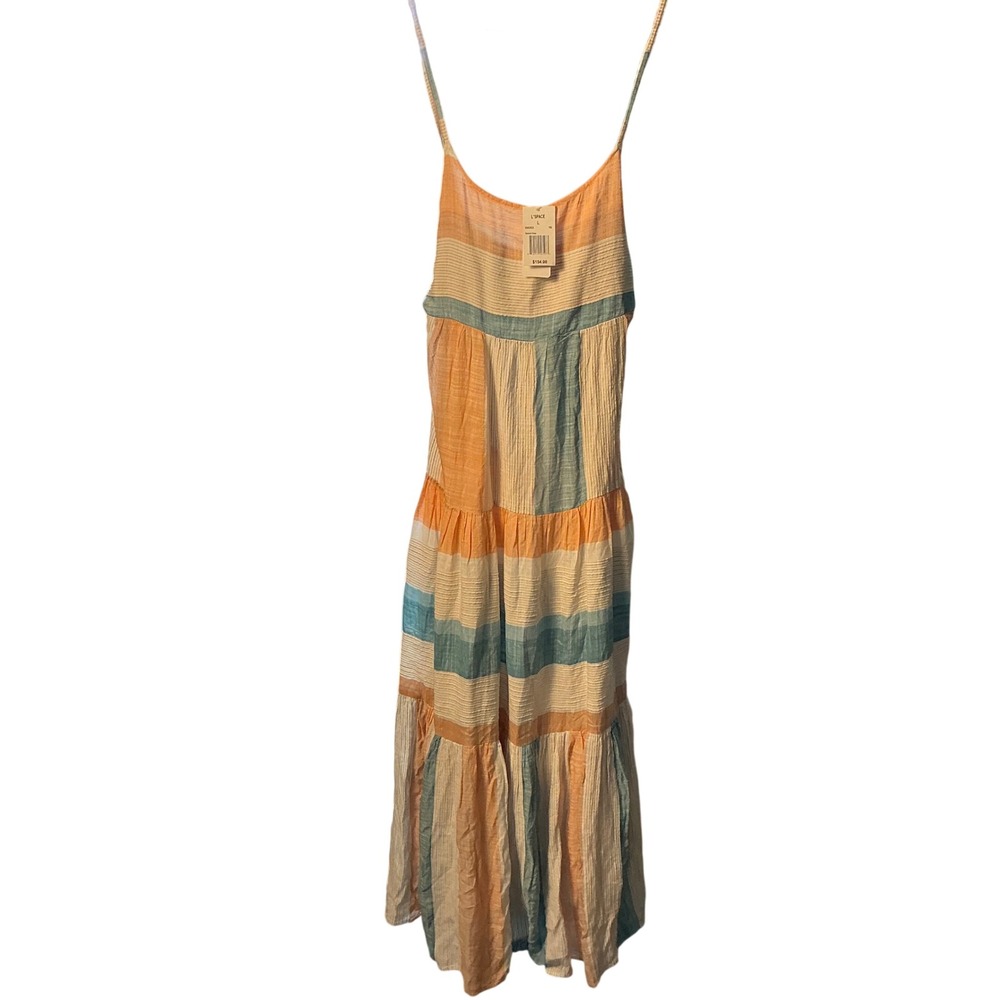 L*Space Santorini Dress Large Multi Color Striped Tiered Maxi Tie Back SNRDR22
